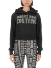 Shop Versace Jeans Couture Cropped Black Sweatshirt With Hood And Logo Detail