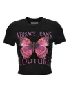 Versace Jeans Couture Cropped Black T-shirt With Butterfly Graphic In Black