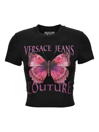 VERSACE JEANS COUTURE CROPPED BLACK T-SHIRT WITH BUTTERFLY GRAPHIC