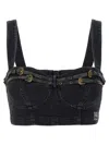 Versace Jeans Couture Baroque Buckle Denim Top With Heart Neck In Black