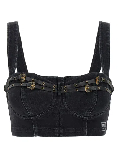 VERSACE JEANS COUTURE VERSACE JEANS COUTURE CROPPED DENIM TOP WITH LEATHER STRAPS