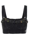Versace Jeans Couture Baroque Buckle Denim Top With Heart Neck In Black