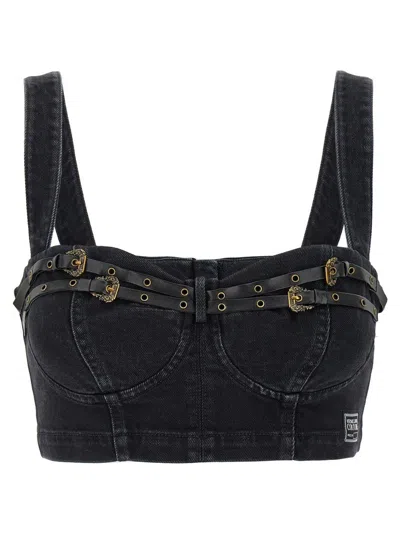 VERSACE JEANS COUTURE CROPPED DENIM TOP WITH LEATHER STRAPS