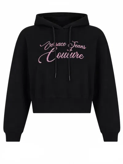 Versace Jeans Couture Cropped Drawstring Script Logo Cotton Hoodie In Black