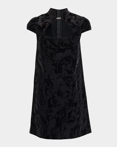 Versace Jeans Couture Cut-out Barocco Denim Mini Dress In Black