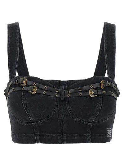 Versace Jeans Couture Denim Buckle Strap Top In Black