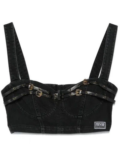 Versace Jeans Couture Denim Bustier Top In Black