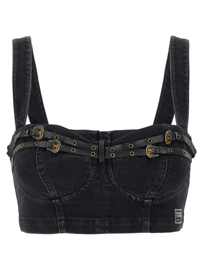 Versace Jeans Couture Denim Strap Top In Black