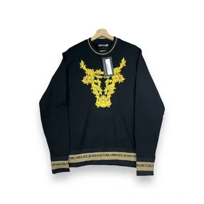Pre-owned Versace Jeans Couture Designer Black Gold Brogue Glitter Oversized Sweater Large