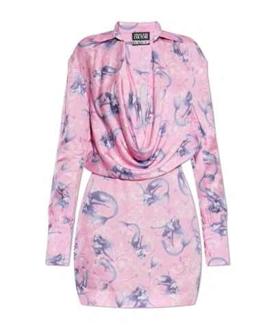Versace Jeans Couture Draped Printed Mini Dress In Pink