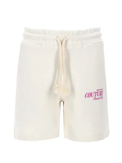 Versace Jeans Couture Logo Shorts Relaxed Fit Elastic Waistband Drawstring In White