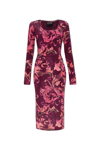 Versace Jeans Couture Dress With Barocco Print In Burgundy