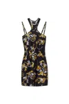 Versace Jeans Couture Mini Dress With "outline Baroque" Print In Nero E Oro