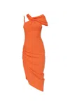 Versace Jeans Couture Draped Dress With Asymmetrical Neckline And Ruched Detailing In Orange