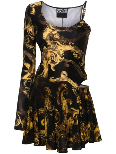 Versace Jeans Couture Women's Barocco-print Stretch Cut-out Minidress In Black Gold