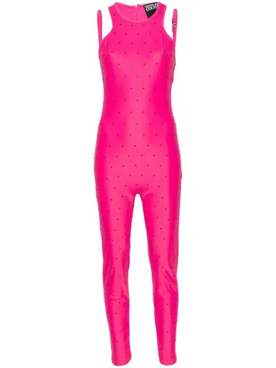 Versace Jeans Couture Crystal-embellished Halterneck Jumpsuit In Pink