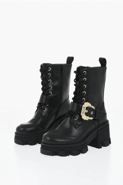 Versace Jeans Couture Eco-leather Combat Boots With Jewel Buckle In Black