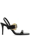 Versace Jeans Couture Open Sandals With Gold Buckle In Black