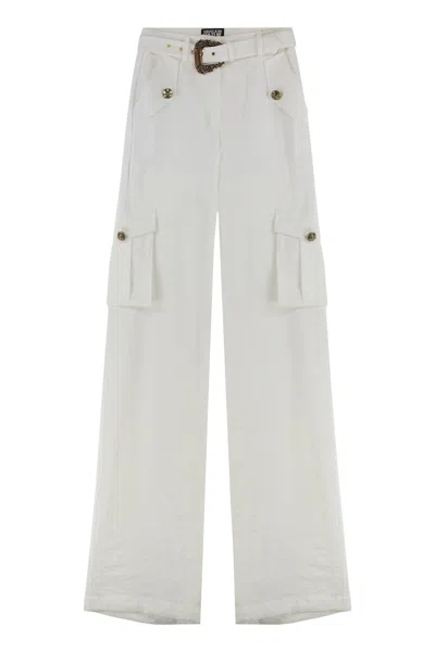 Versace Jeans Couture Embellished Cargo Trousers With Waist Belt In White