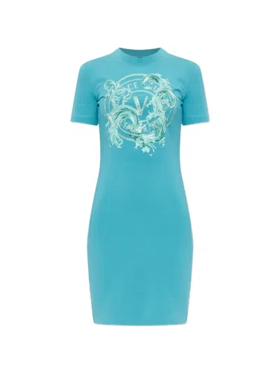 Versace Jeans Couture Embellished Graphic Dress In Blue