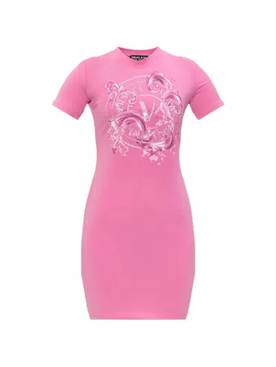Versace Jeans Couture Embellished Graphic T-shirt Dress In Pink