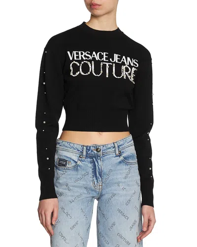 Versace Jeans Couture Embellished Logo Crop Sweater In Black