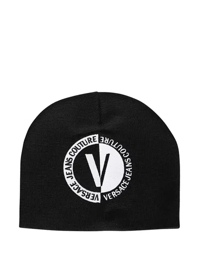 Versace Jeans Couture Embroidered-logo Beanie Hat In Black