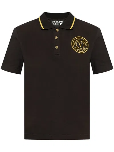 Versace Jeans Couture Embroidered-logo Cotton Polo Shirt In Black