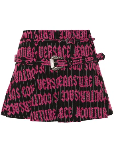 Versace Jeans Couture Embroidered-logo Pleated Mini Skirt In Pink