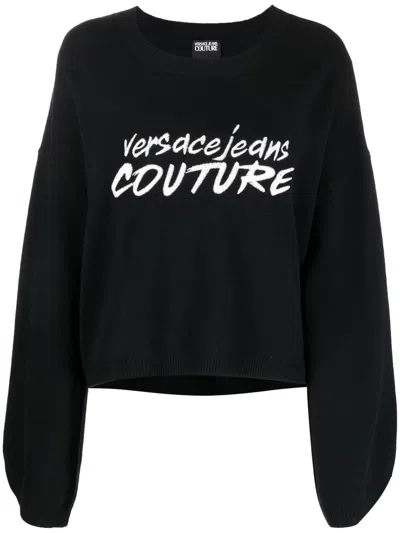 Versace Jeans Couture Embroidered-logo Wide-sleeve Jumper In Black