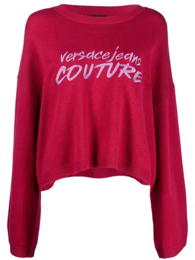 Versace Jeans Couture Embroidered-logo Wide-sleeve Jumper In Pink