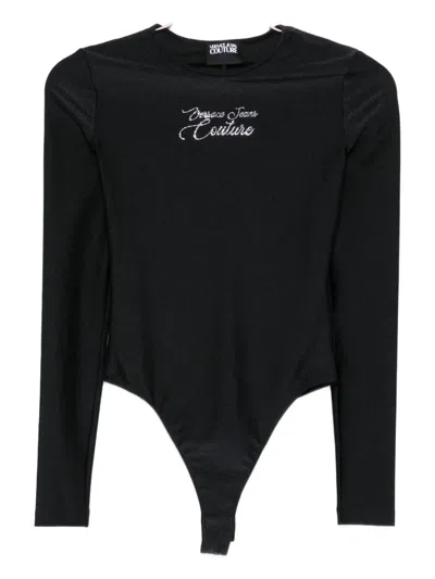Versace Jeans Couture Embroidered Long-sleeve Bodysuit In Black