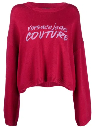 Versace Jeans Couture Embroidery Logo Relaxed Cropped Wool Sweater In Red