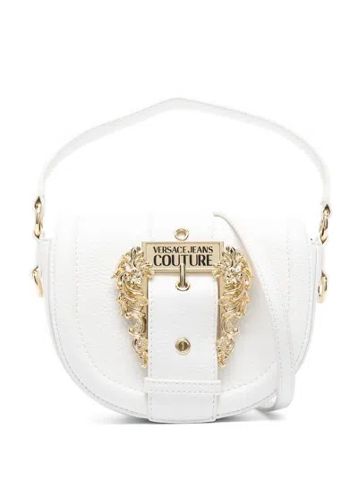 Versace Jeans Couture Engraved Logo Belted Shoulder Bag In Bianco Ottico