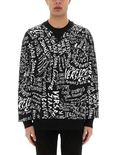 Versace Jeans Couture Logomania Print Crew Neck Sweatshirt In Black