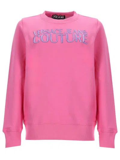 Versace Jeans Couture Cotton Jersey Crew Neck Long Sleeve Top In Pink