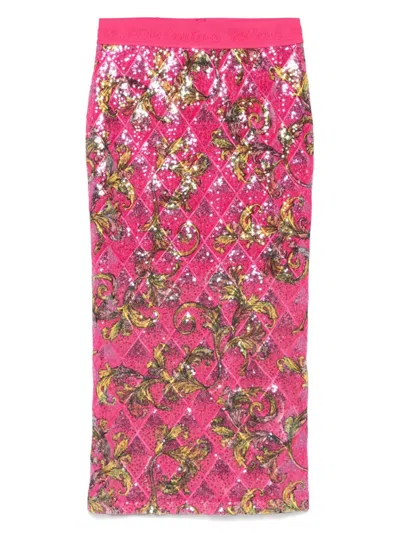 Versace Jeans Couture Fitted Floral Pattern Skirt With Sequined Detailing In Pink