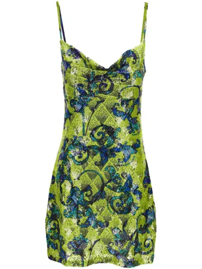 Versace Jeans Couture Fitted Green Dress With Floral Patterns