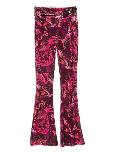 VERSACE JEANS COUTURE FLARED BURGUNDY TROUSERS WITH DOUBLE BUCKLE DETAIL