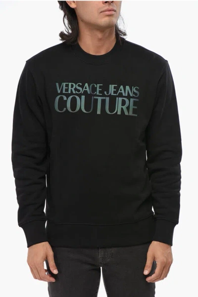 Versace Jeans Couture Fleeced Cotton Crew-neck Sweatshirt With Iride In Black