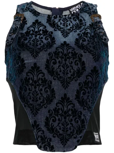 Versace Jeans Couture Flocked-detail Denim Top In Blue