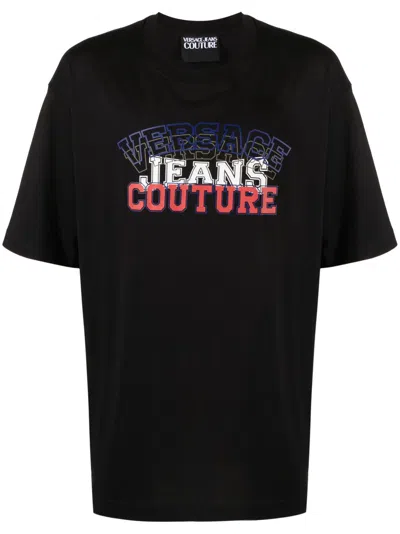 Versace Jeans Couture Flocked-logo Cotton T-shirt In Black