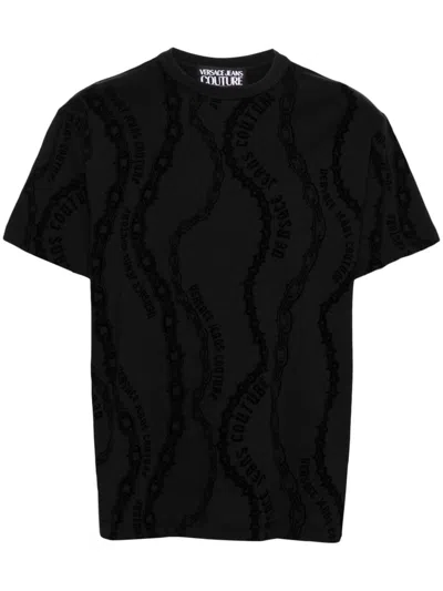 Versace Jeans Couture Flocked-logo Cotton T-shirt In Black