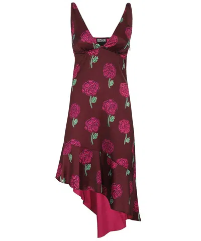 Versace Jeans Couture Floral Midi Dress In Burgundy