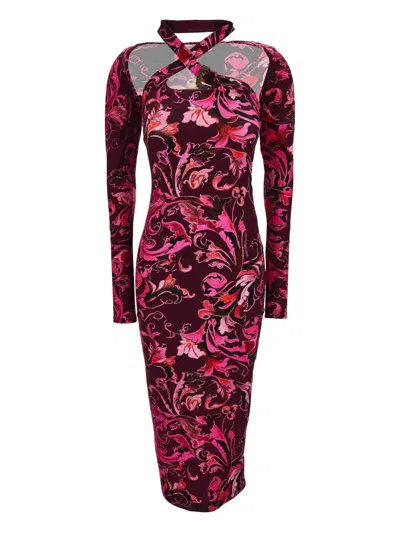 Versace Jeans Couture Floral-print Cut-out Midi Dress In Pink