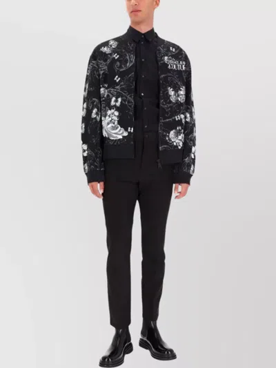 Versace Jeans Couture Floral Print High Collar Bomber Jacket In Black