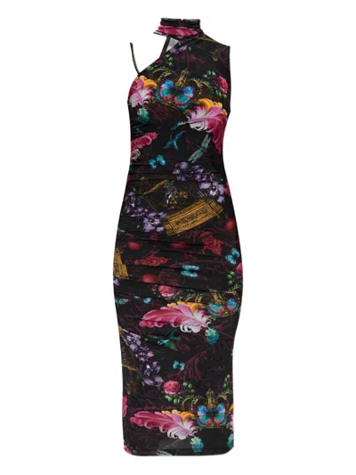 Versace Jeans Couture Floral-print Midi Dress In Black
