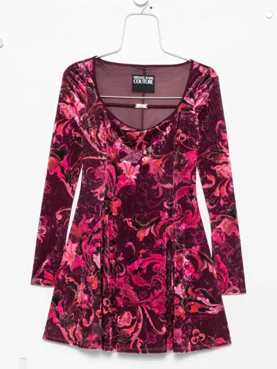 Versace Jeans Couture Floral-print Velvet Mini Dress In Burgundy