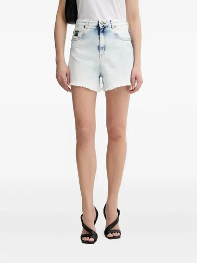 Versace Jeans Couture Frayed-hem Logo-patch Shorts In Blue
