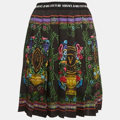 Versace Jeans Couture Garden Print Satin Pleated Mini Skirt In Black